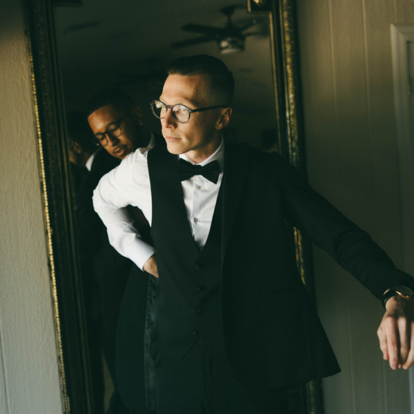 la hacienda snow hill groom getting ready formal tuxedo mirror reflection