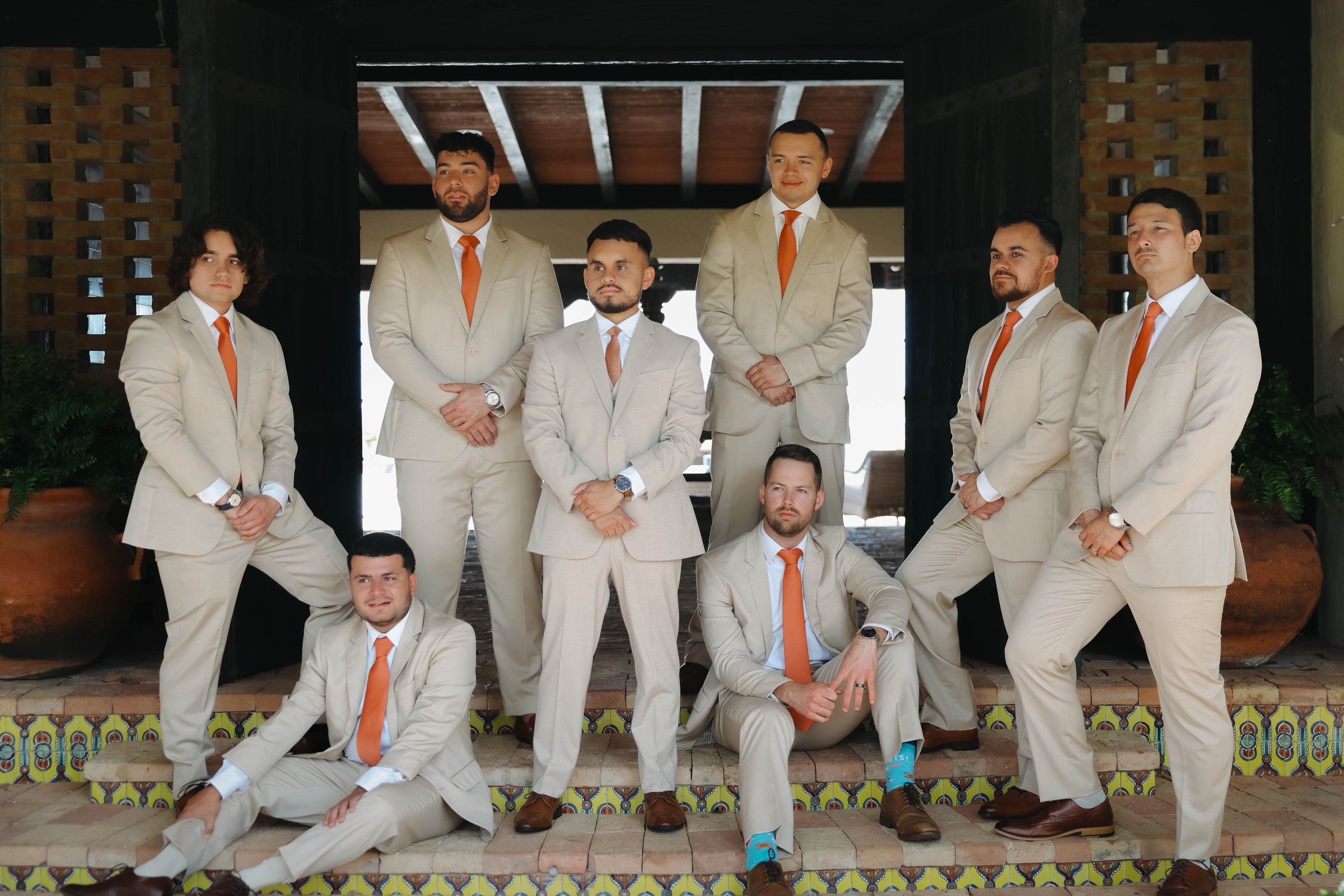 la hacienda snow hill groomsmen orange ties beige suits wedding party - Vibrant Spring Weddings: The Must See Trend at La Hacienda On Snow Hill la hacienda snow hill groomsmen orange ties beige suits wedding party